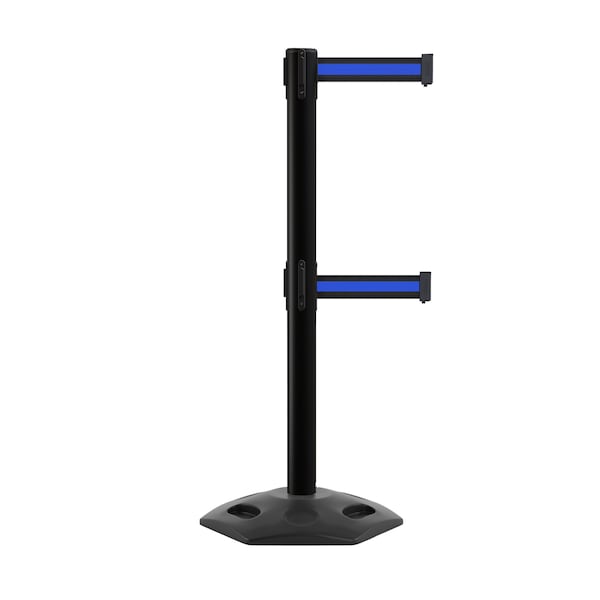 Montour Line Stanchion Dual Belt Barr. Rubber Base Black Post 7.5ftBk/Bl Belt P400DRB-BK-BBH-75 - main